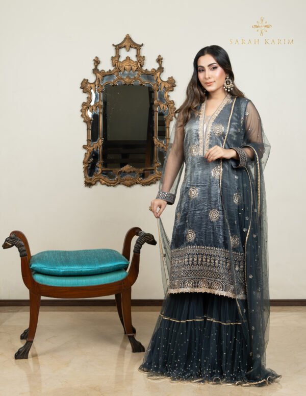 Deep blue crushed silk zari work