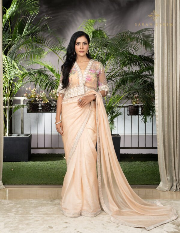 Applique Pink rose jacket (Short) Saree