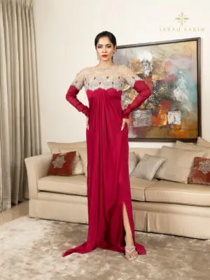 Wine red Gown with netted neck