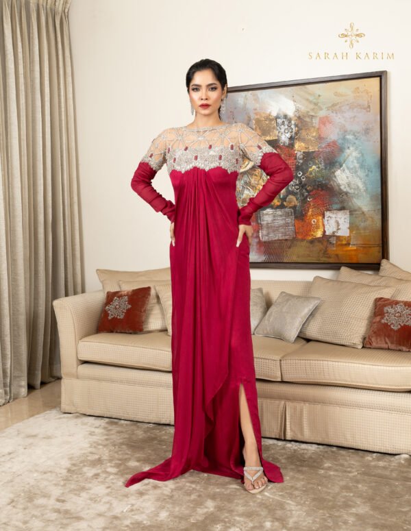 Wine red Gown with netted neck