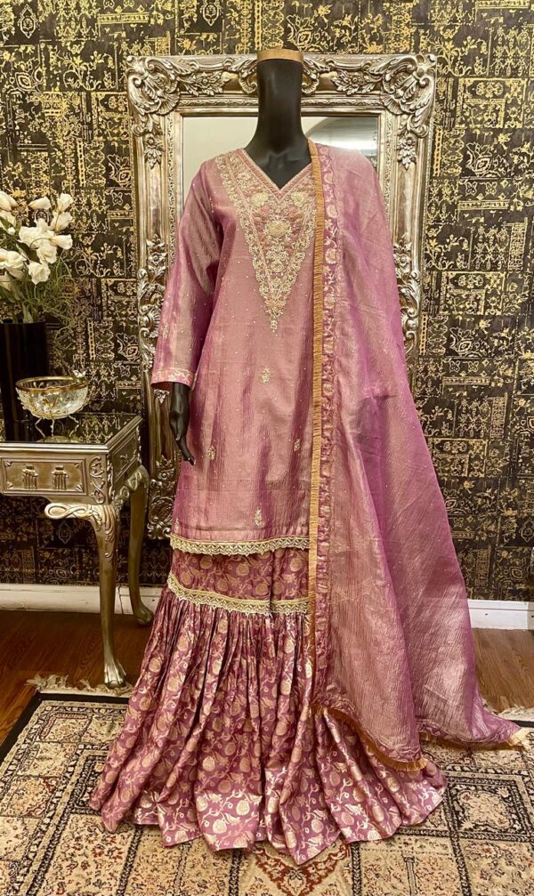 Tissue sharara set with zardozi work