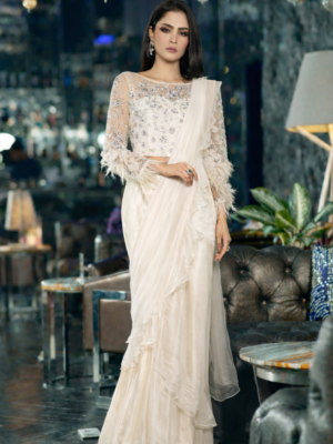 White pre drape saree with feather work