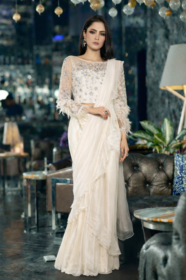 White pre drape saree with feather work
