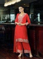 Cotton silk kameez set with floral embroidery