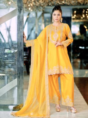 Yellow silk kameez with embroidery