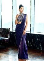 Purple pre-draped saree with zardozi work