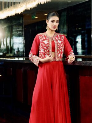 Red zardozi jacket set