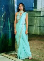 Aqua blue pre-draped saree
