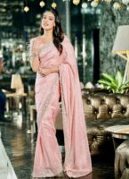 Dusty pink saree with sequins and feather