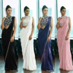 Purple pre-draped saree with zardozi work