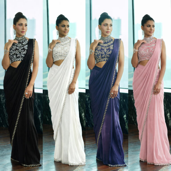 Purple pre-draped saree with zardozi work