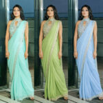 Aqua blue pre-draped saree