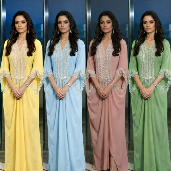 Pleated kaftan with crystal and sequins work