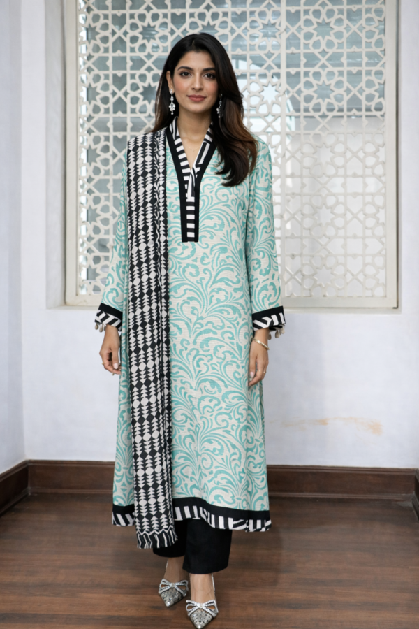 Printed kameez with shell embellishment.