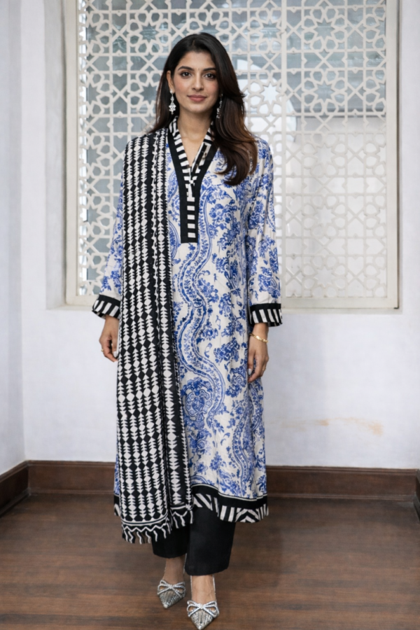 Printed kameez with shell embellishment.