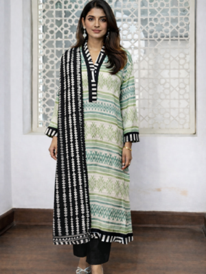 Printed kameez with shell embellishment.