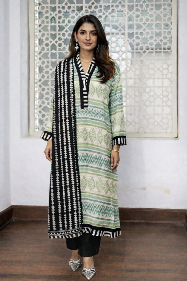 Printed kameez with shell embellishment.
