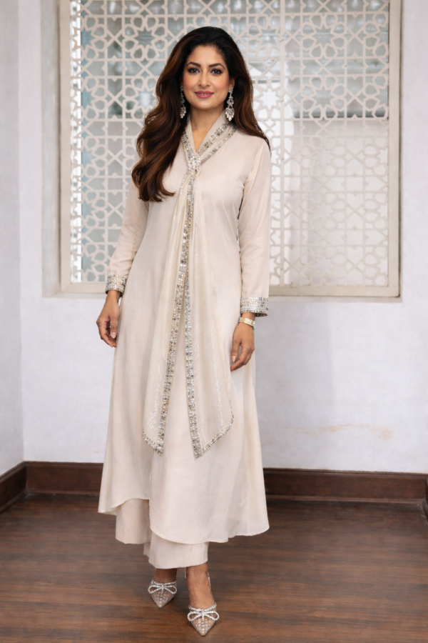 Long shirt with tissue scarf and sequins work