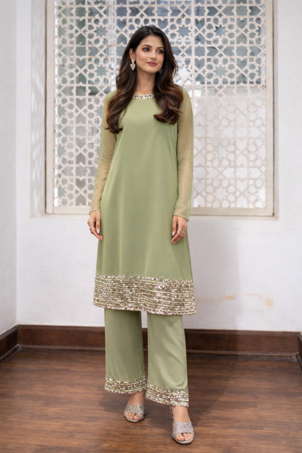 Co-ord set with sequins and pearl work.