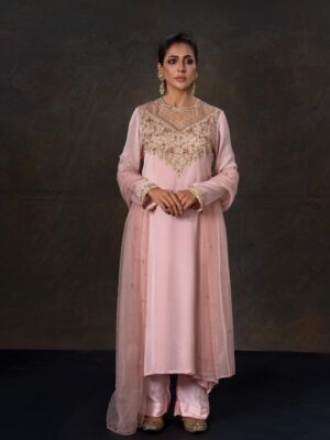 Georgette kameez with karchupi work and net dupatta