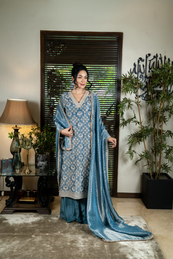 Tissue kameez with gota work