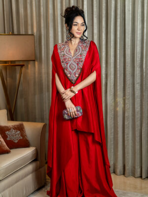 Raw silk cape with zardozi work