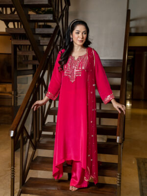 Silk kameez with zari work and net dupatta