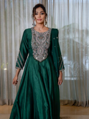 Raw silk anarkali with zardozi work